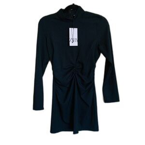 Zara black dress women ruched crew neck bodycon dress size S goth academia party
